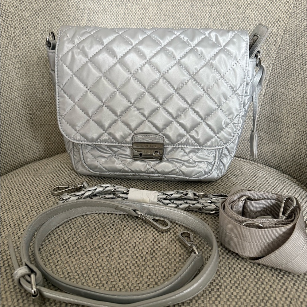 Mz Wallace Silver Oyster Crosby Lock Medium Crossbody Bag